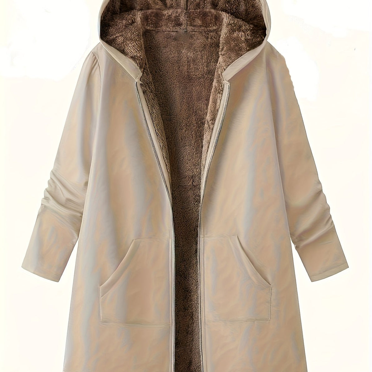 Women's Longline Zip-Front Coat with Soft Plush Hood