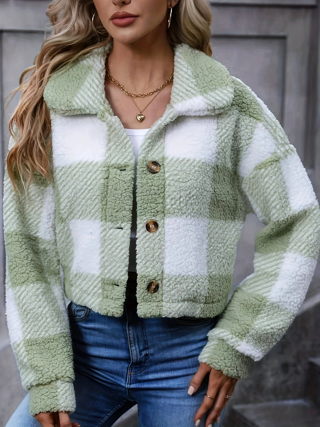 Women's Soft Plaid Cropped Button-Down Jacket