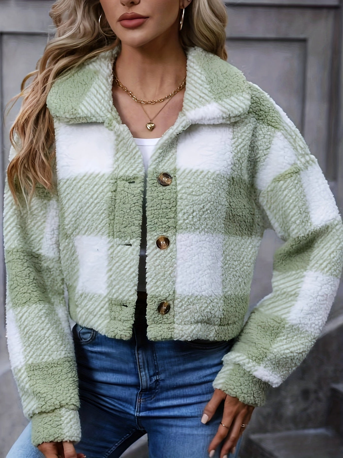 Women's Soft Plaid Cropped Button-Down Jacket