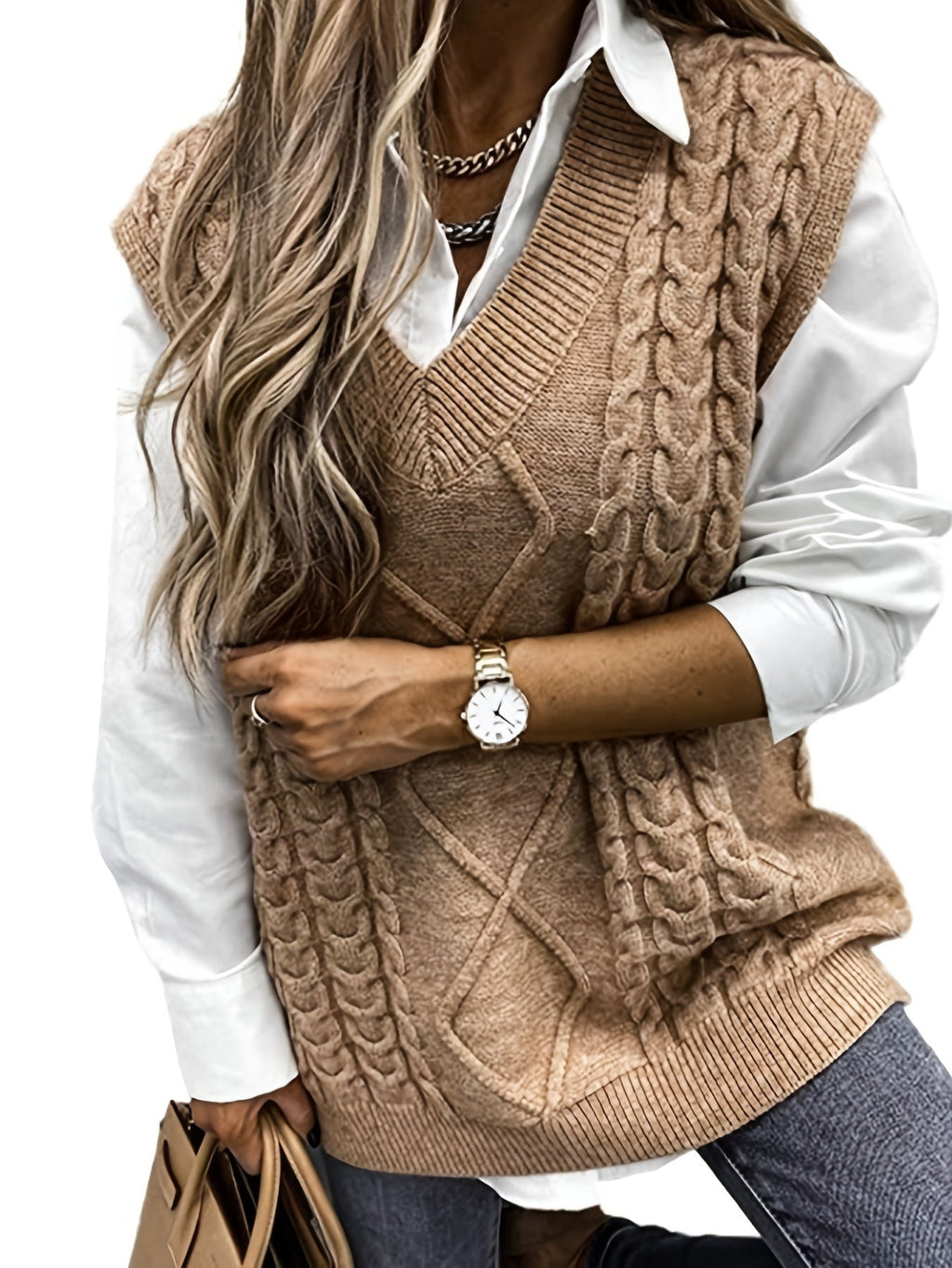 Women's Layering Knit Vest with Cable Pattern