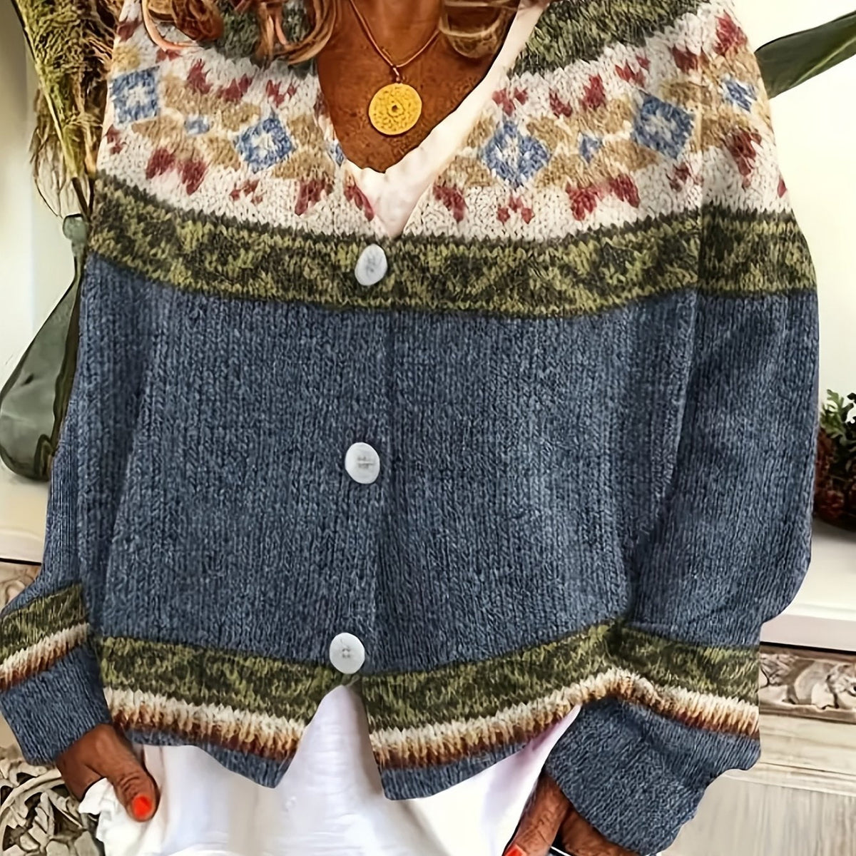 Women's Soft Knit Cardigan Sweater with Geometric Yoke Design