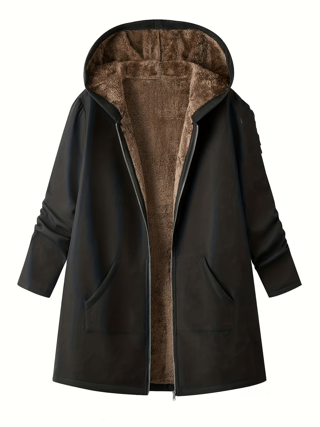 Women's Longline Zip-Front Coat with Soft Plush Hood