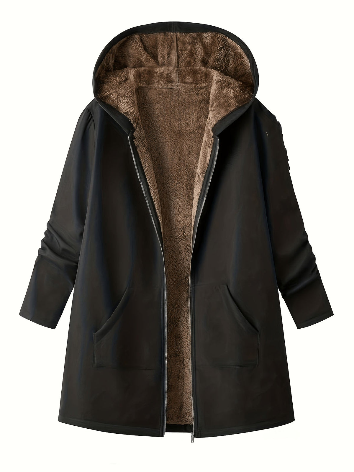 Women's Longline Zip-Front Coat with Soft Plush Hood