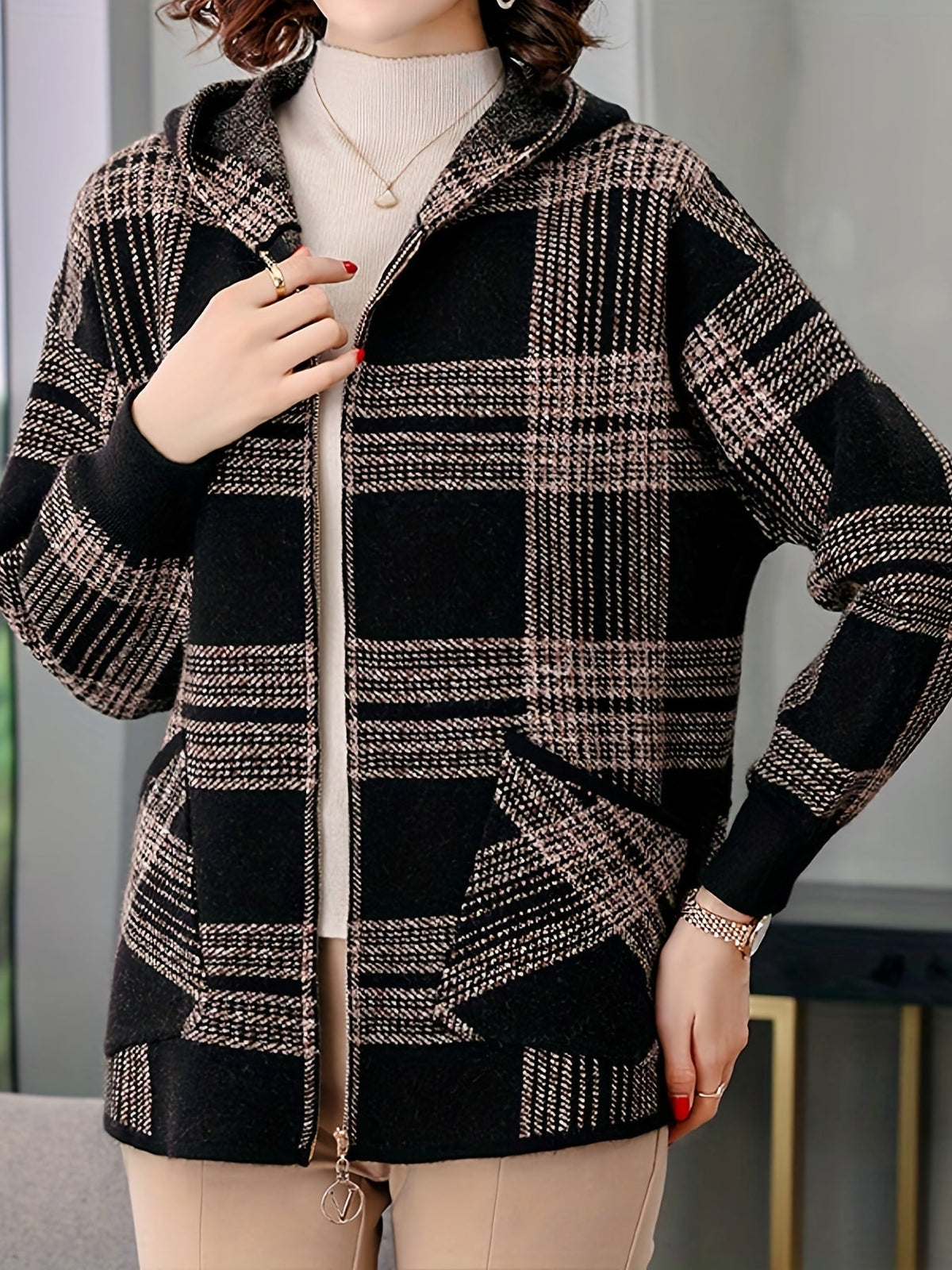 Women's Relaxed Check Print Hooded Zipper Jacket