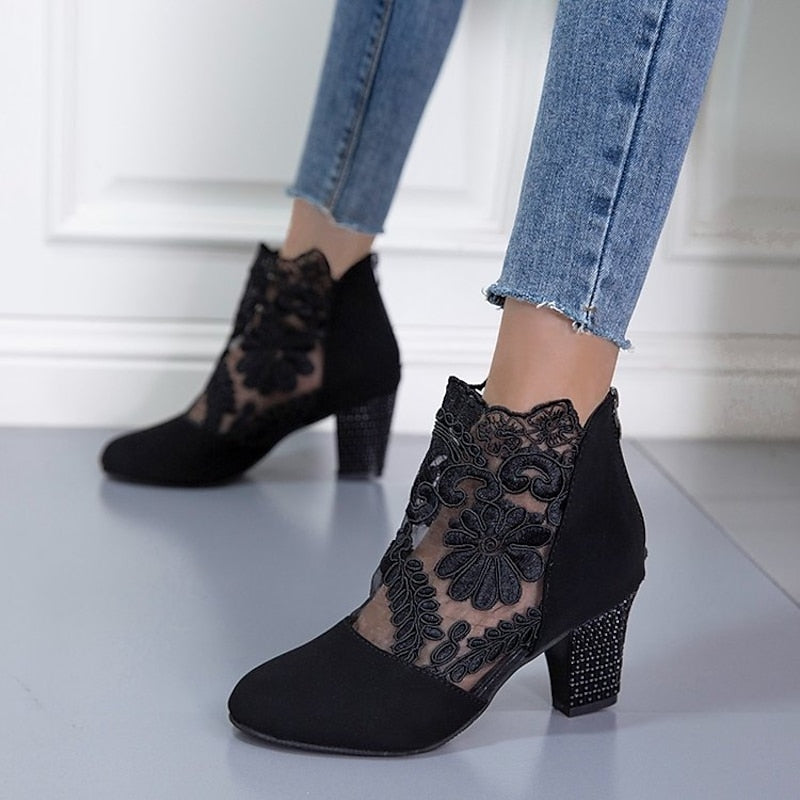Women's Lace Overlay Heeled Ankle Booties with Floral Detail