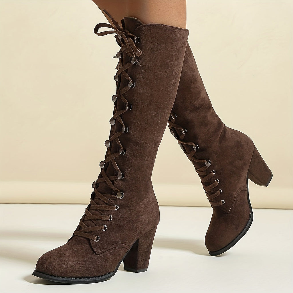 Women's Leg-Lengthening Chunky Heel Lace-Up Tall Boots
