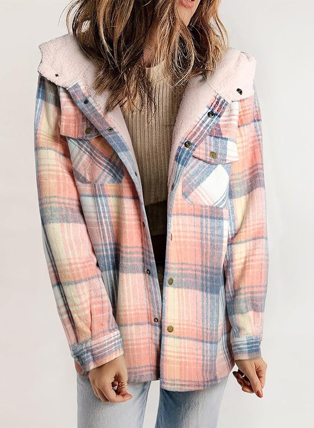 Women's Casual Plaid Flannel Overshirt with Sherpa Collar