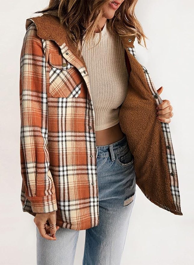 Women's Casual Plaid Flannel Overshirt with Sherpa Collar