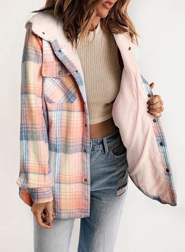 Women's Casual Plaid Flannel Overshirt with Sherpa Collar