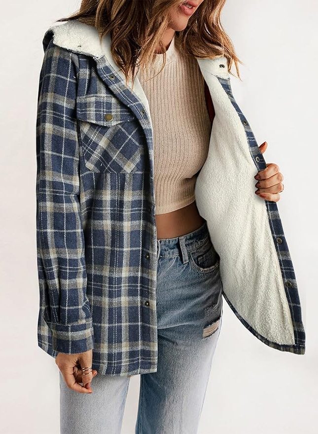 Women's Casual Plaid Flannel Overshirt with Sherpa Collar