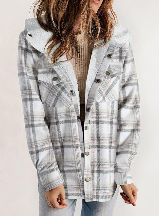 Women's Casual Plaid Flannel Overshirt with Sherpa Collar