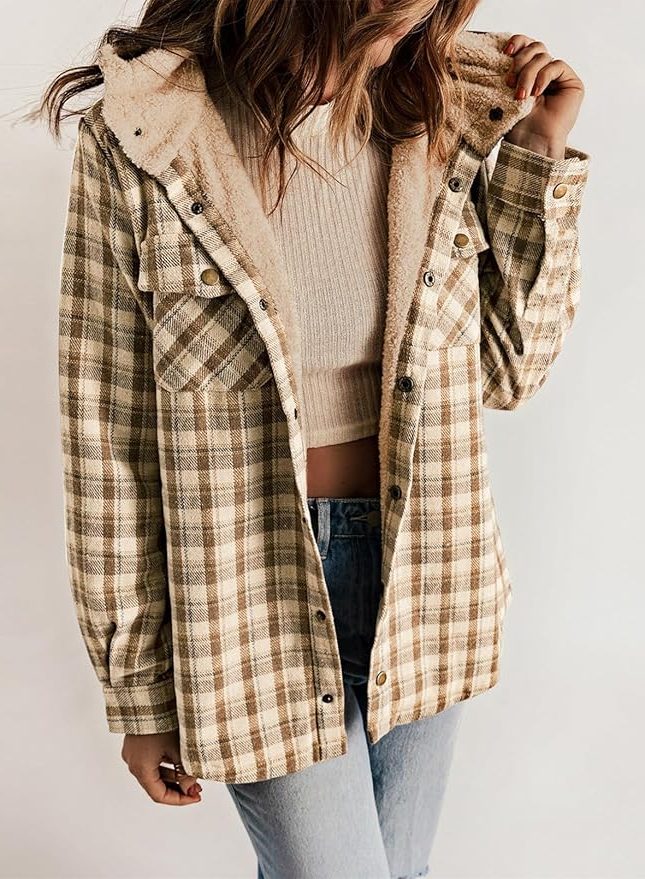 Women's Casual Plaid Flannel Overshirt with Sherpa Collar