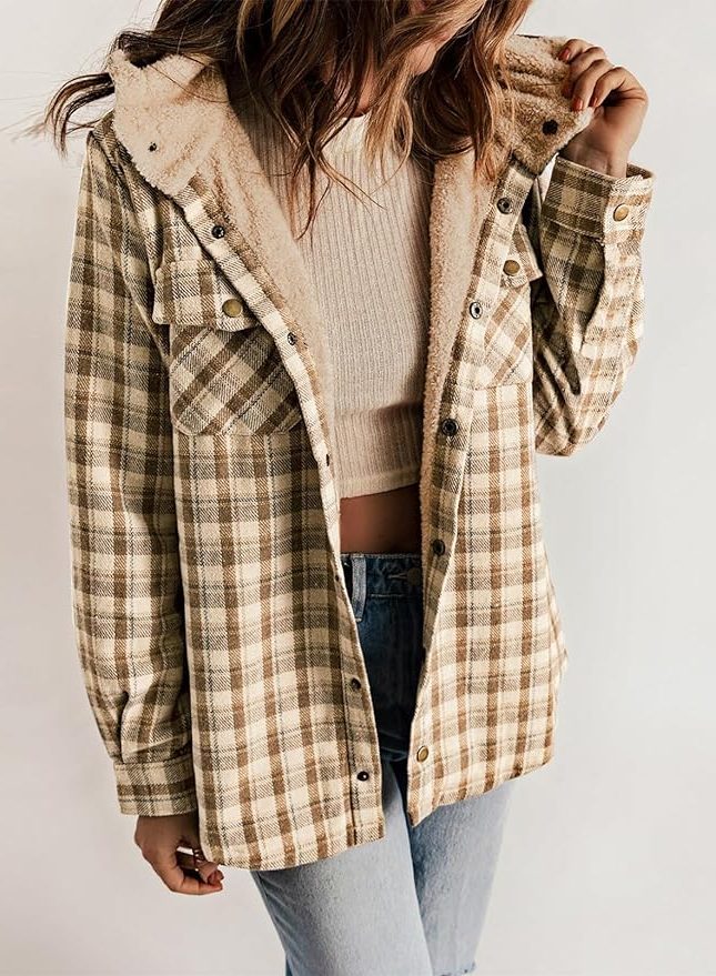 Women's Casual Plaid Flannel Overshirt with Sherpa Collar