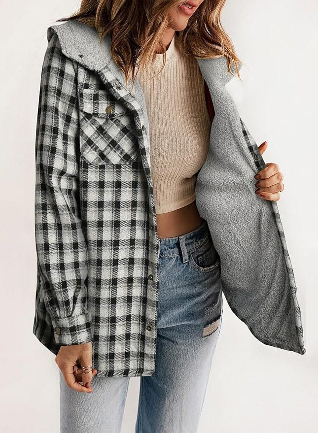 Women's Casual Plaid Flannel Overshirt with Sherpa Collar