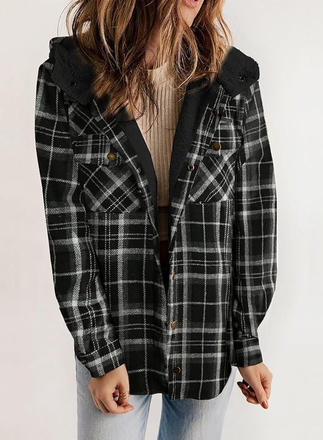 Women's Casual Plaid Flannel Overshirt with Sherpa Collar