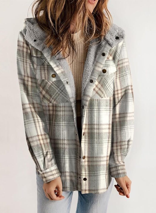 Women's Casual Plaid Flannel Overshirt with Sherpa Collar