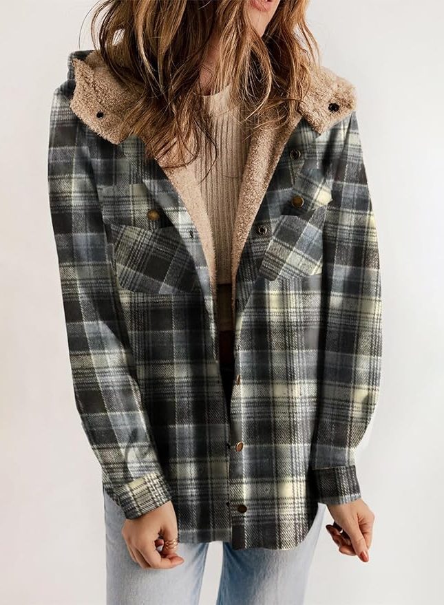 Women's Casual Plaid Flannel Overshirt with Sherpa Collar