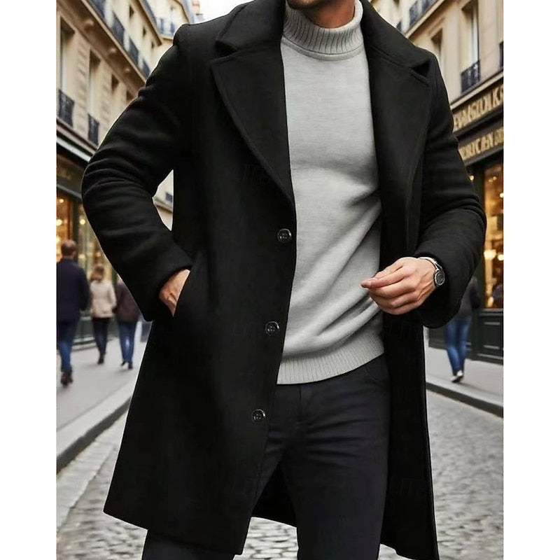 Men's Classic Full-Length Overcoat with Deep Pockets