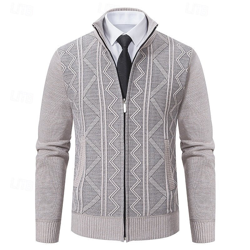 Men's Windproof Neckline Textured Knit Zip-Front Cardigan