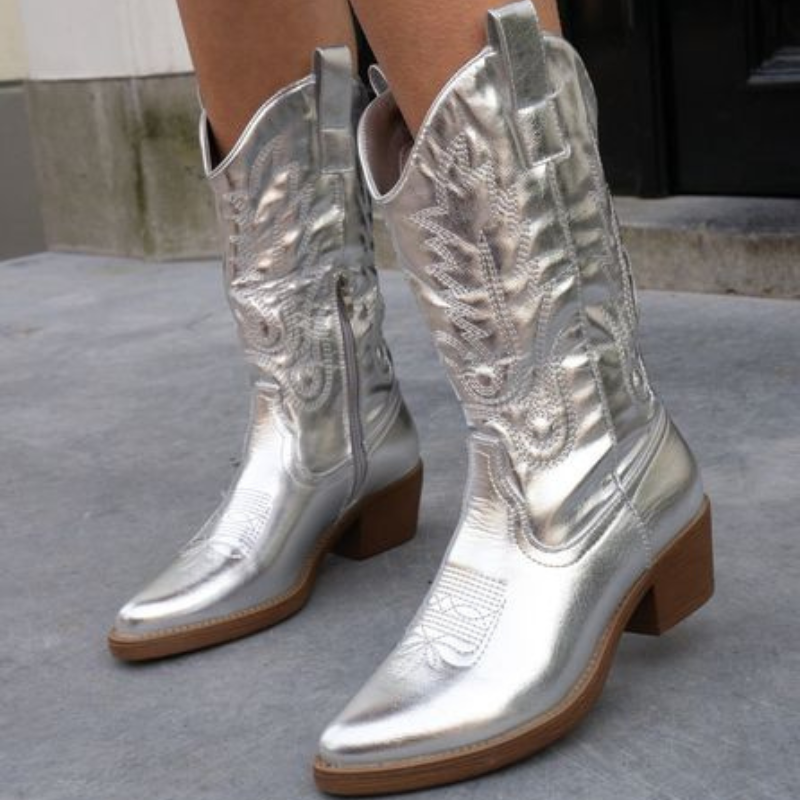Women's Western Style Cowboy Boots with Metallic Sheen