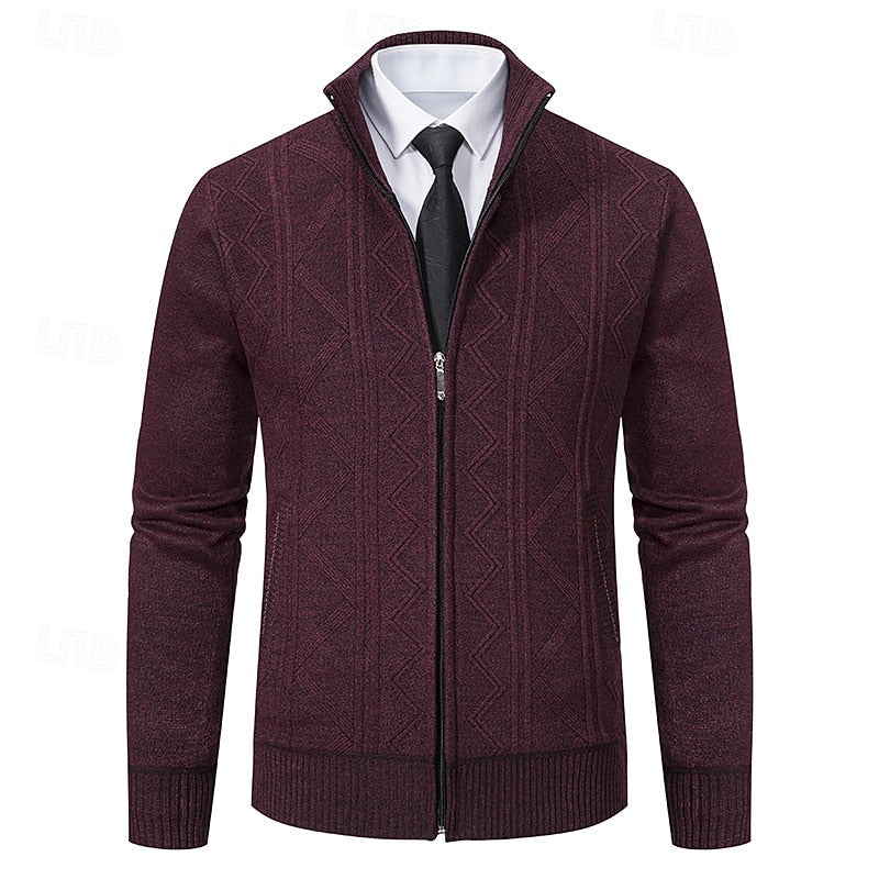 Men's Windproof Neckline Textured Knit Zip-Front Cardigan