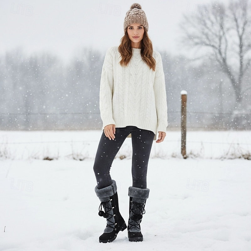 Women's Mid-Calf Winter Boots with Fur Collar and Laces