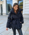 Women's Padded Belted Stand Collar Puffer Coat