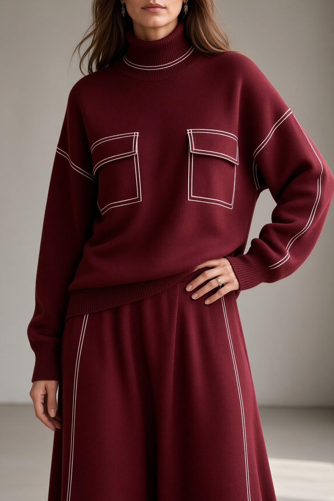 Women's Dinner Brunch Flared Skirt Knit Top Set