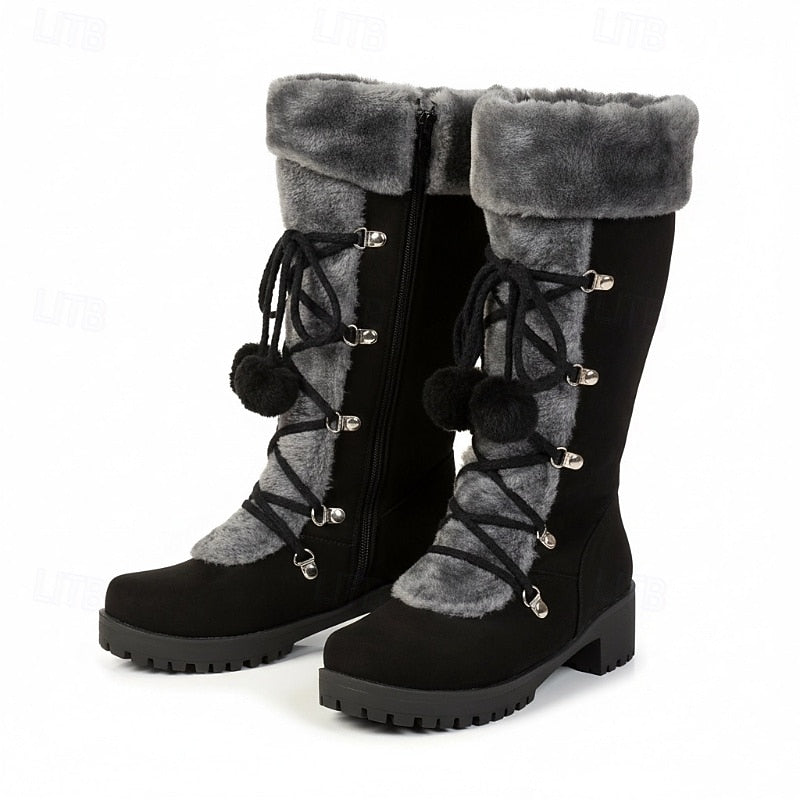 Women's Mid-Calf Winter Boots with Fur Collar and Laces
