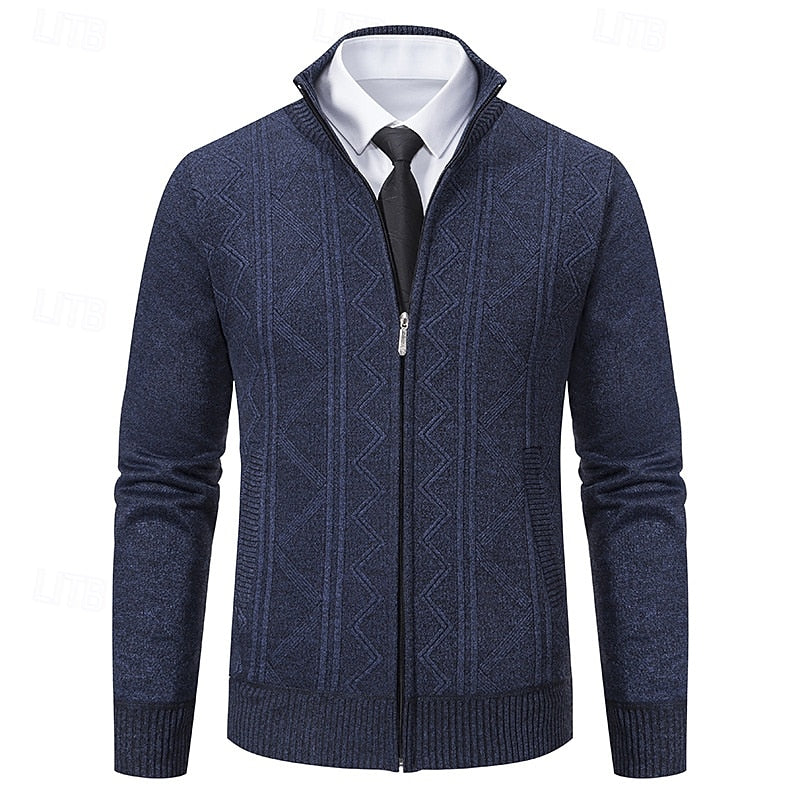 Men's Windproof Neckline Textured Knit Zip-Front Cardigan