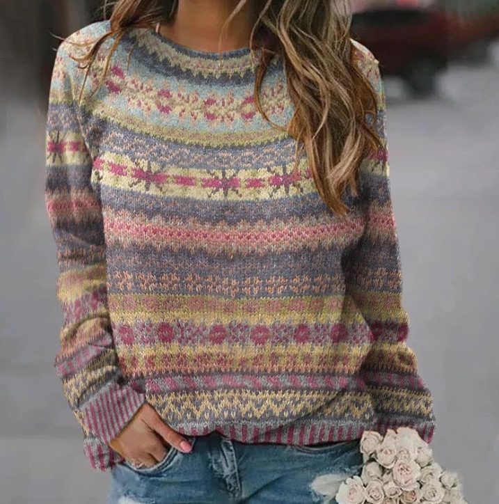 Women's Roomy All-Over Fair Isle Stripe Knit Sweater