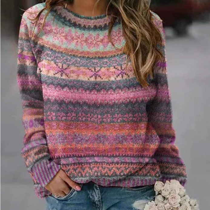 Women's Roomy All-Over Fair Isle Stripe Knit Sweater