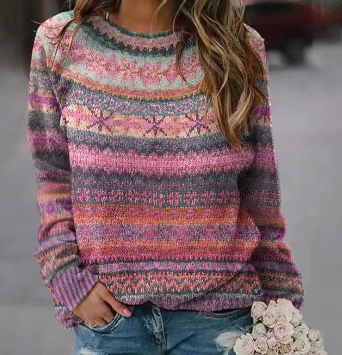 Women's Roomy All-Over Fair Isle Stripe Knit Sweater