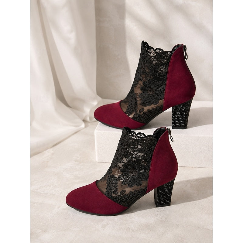 Women's Lace Overlay Heeled Ankle Booties with Floral Detail