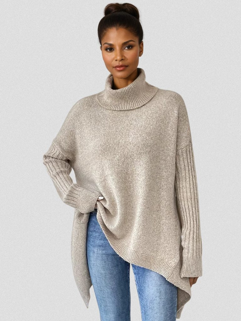 Women's Slouchy Asymmetrical Hem High Neck Knit Sweater