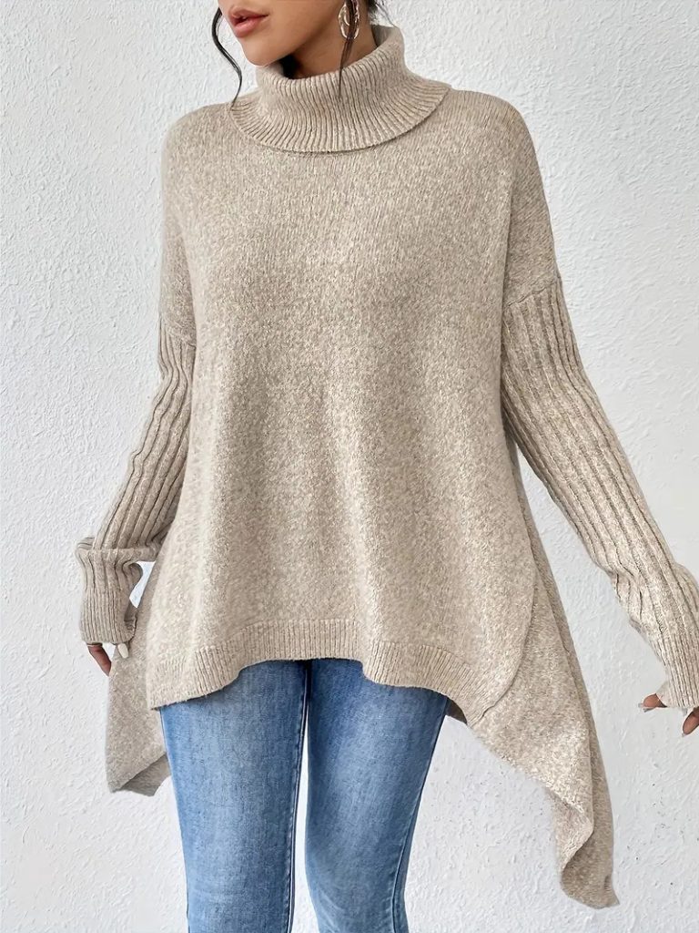 Women's Slouchy Asymmetrical Hem High Neck Knit Sweater