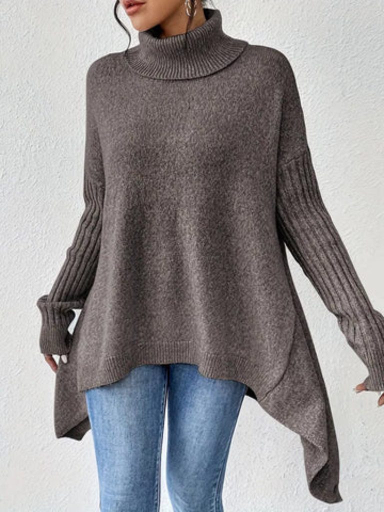 Women's Slouchy Asymmetrical Hem High Neck Knit Sweater