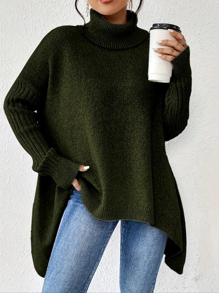 Women's Slouchy Asymmetrical Hem High Neck Knit Sweater