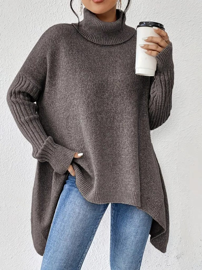 Women's Slouchy Asymmetrical Hem High Neck Knit Sweater