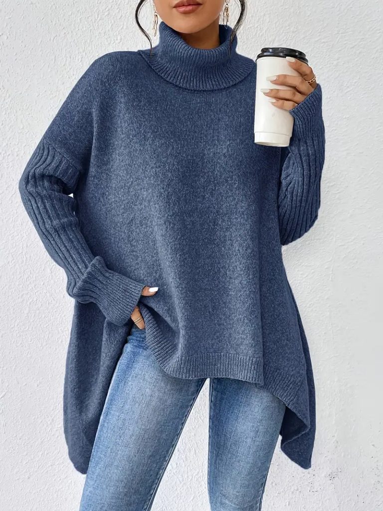 Women's Slouchy Asymmetrical Hem High Neck Knit Sweater