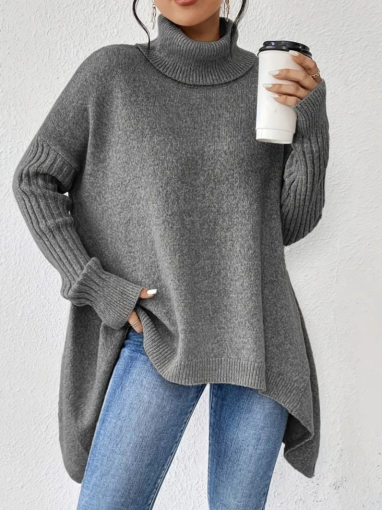 Women's Slouchy Asymmetrical Hem High Neck Knit Sweater