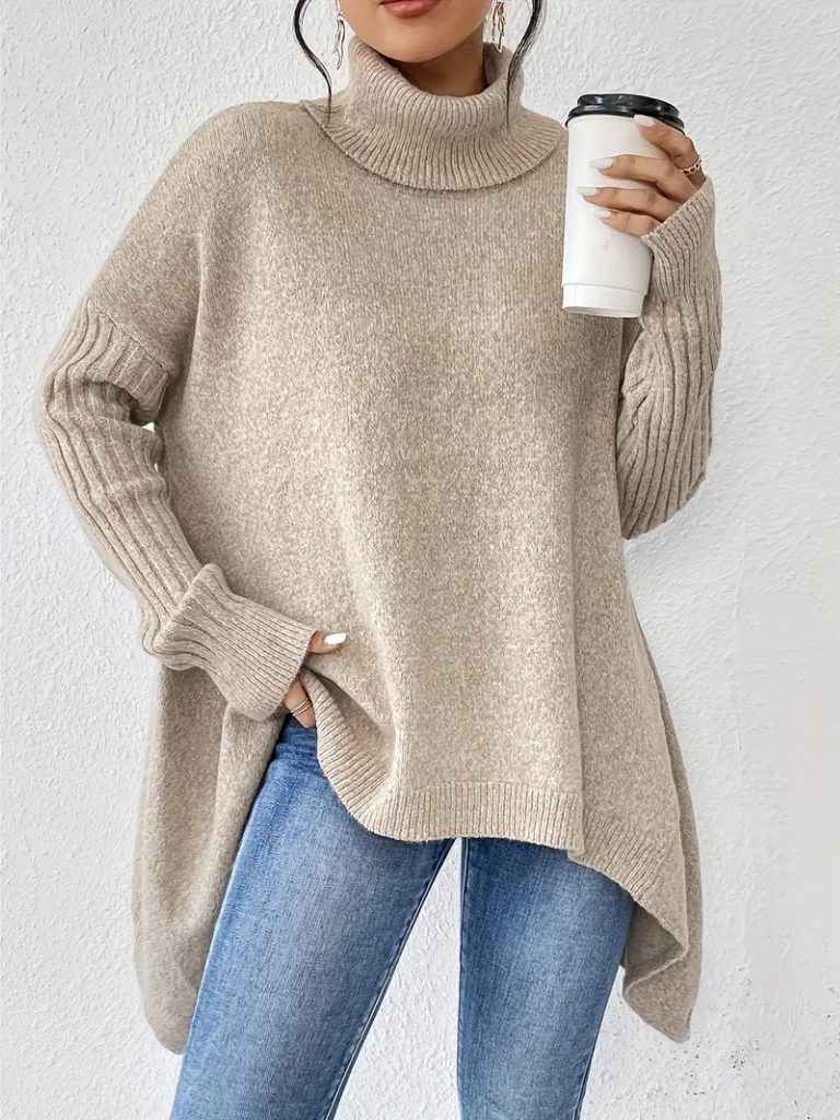 Women's Slouchy Asymmetrical Hem High Neck Knit Sweater
