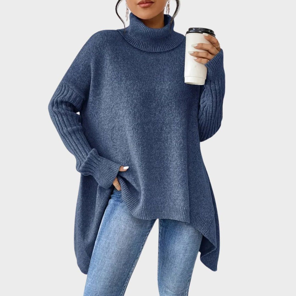 Women's Slouchy Asymmetrical Hem High Neck Knit Sweater
