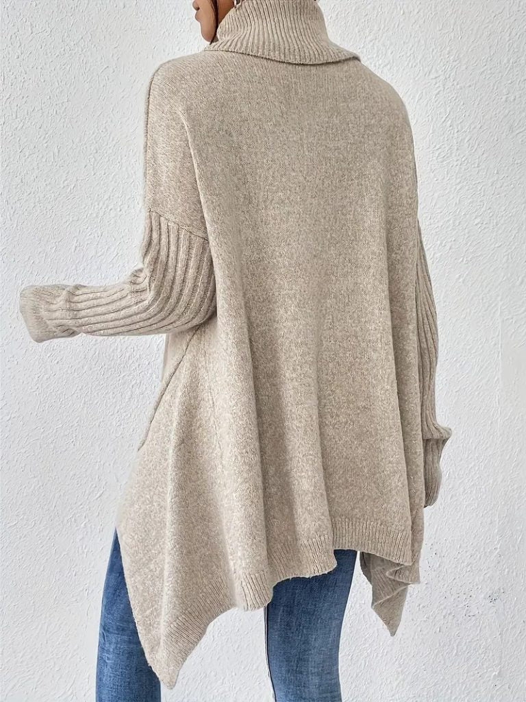 Women's Slouchy Asymmetrical Hem High Neck Knit Sweater