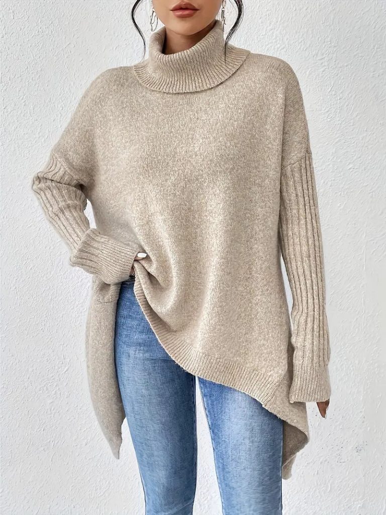 Women's Slouchy Asymmetrical Hem High Neck Knit Sweater