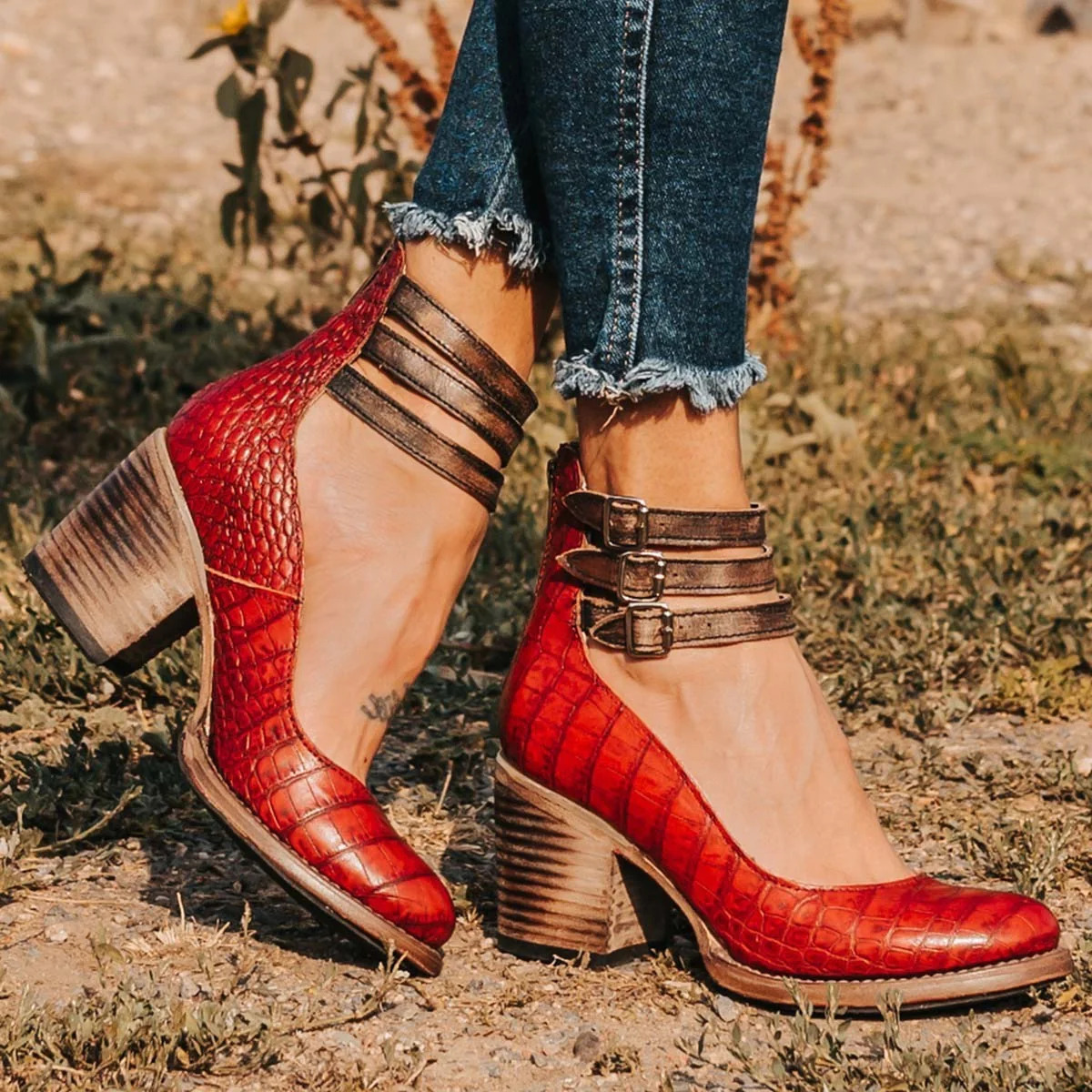 Women's Sturdy Square Block Heel Strapped Ankle Boots