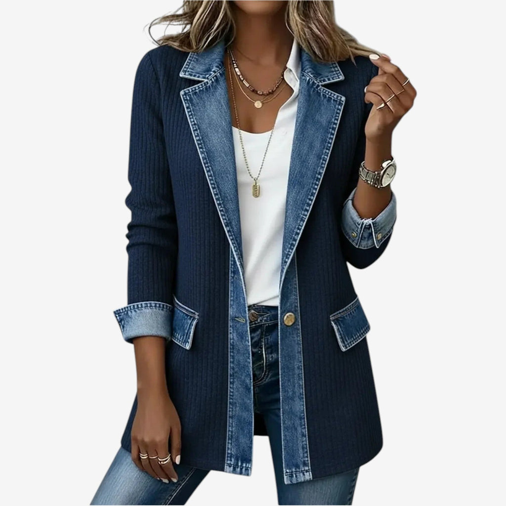 Women's Soft Knit Button-Front Coat with Denim Collar Detail