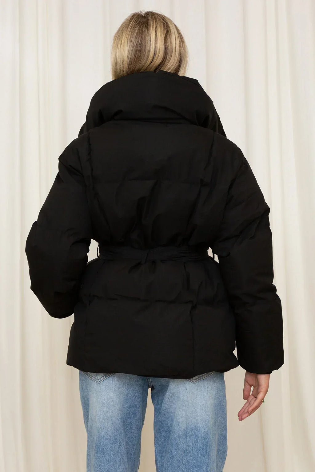 Women's Padded Belted Stand Collar Puffer Coat