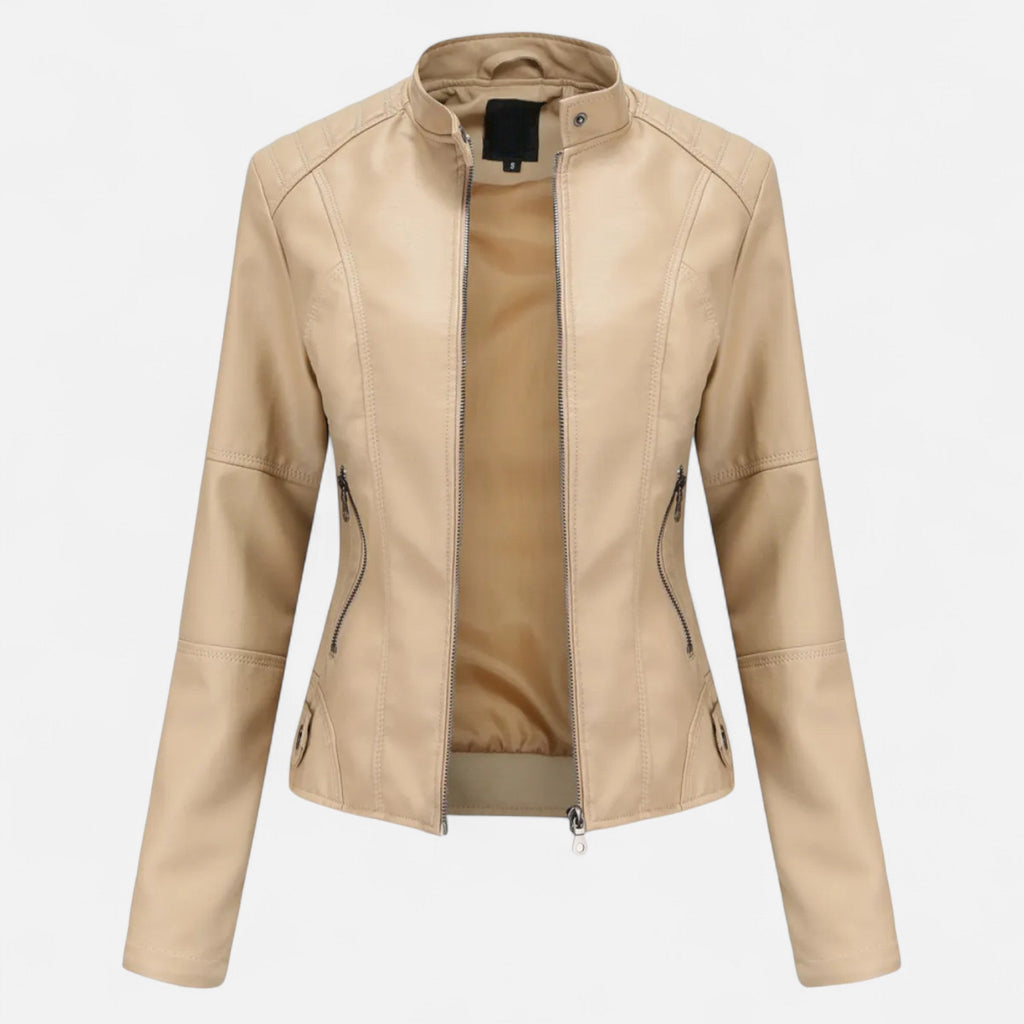 Women's Waist-Length Leather Moto Jacket with Zipper