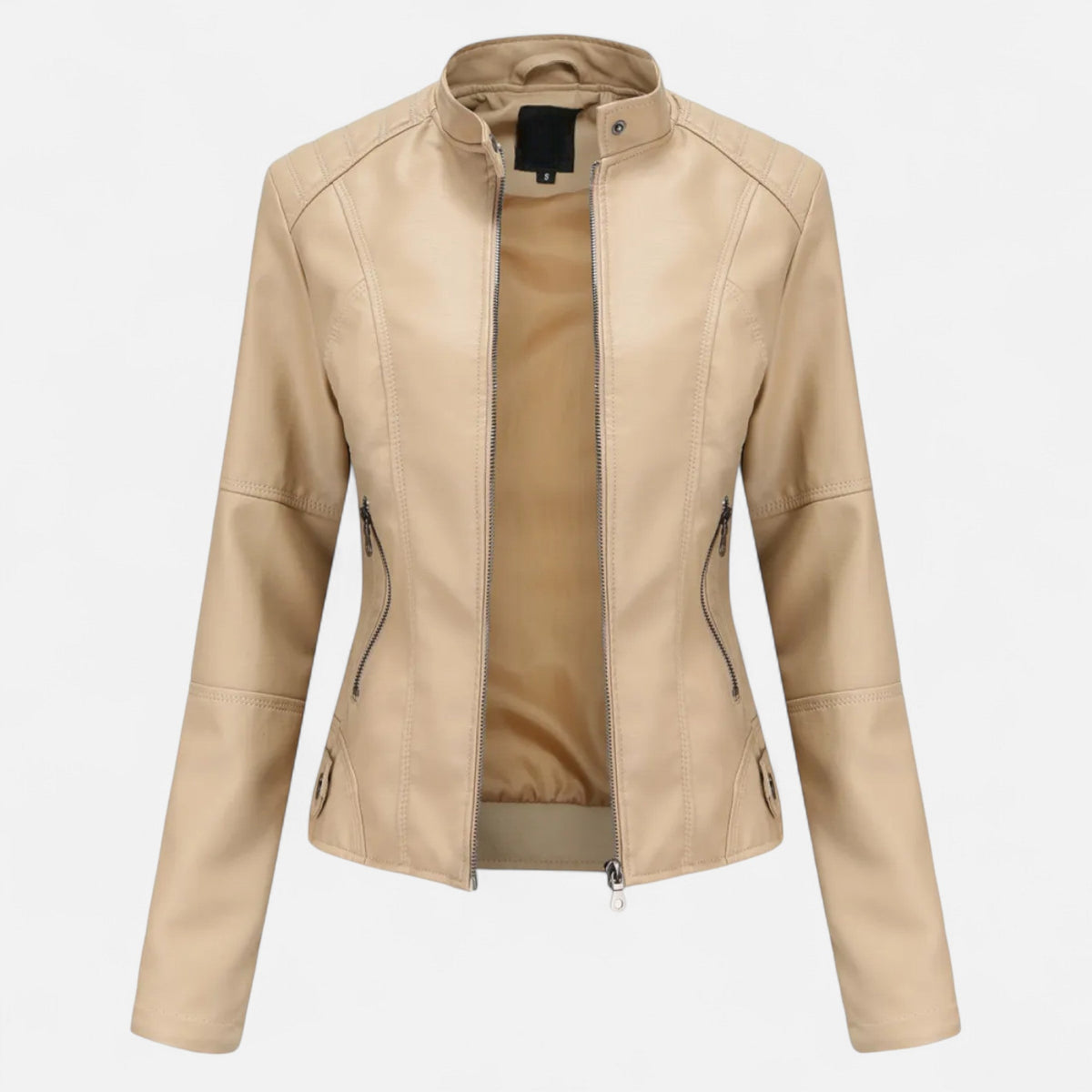 Women's Waist-Length Leather Moto Jacket with Zipper